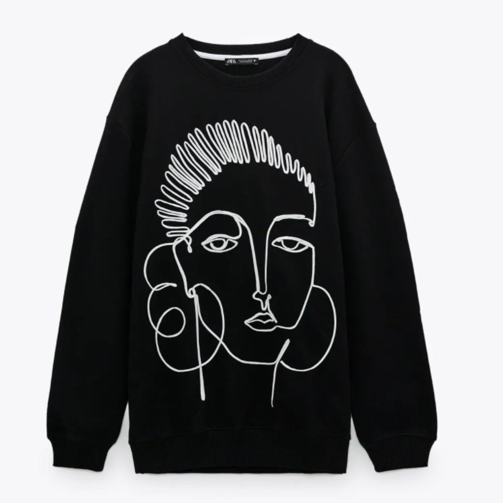 NWT Zara Black Raised Embroidered Sweatshirt, M
